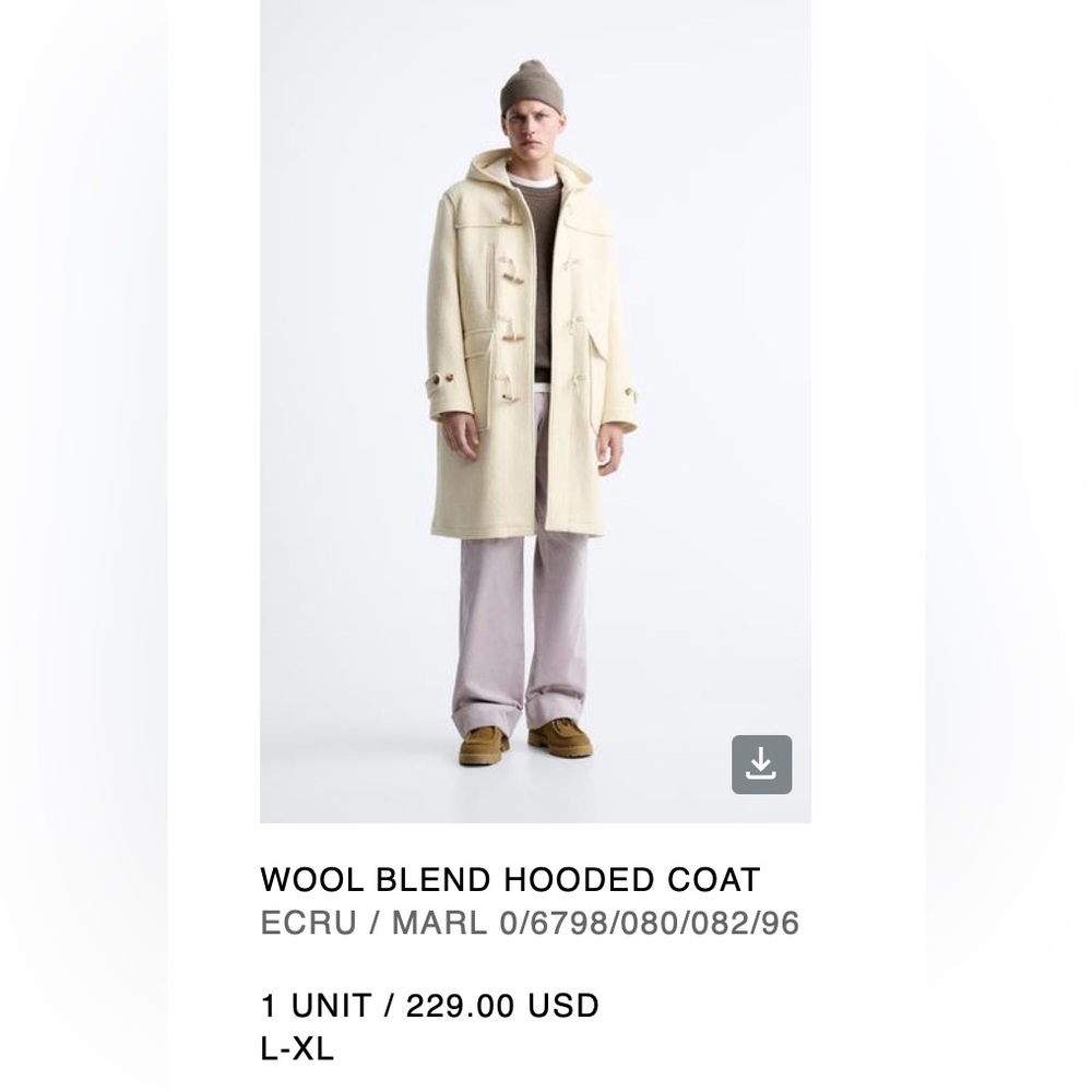 Zara Men’s Cream Wool Blend Hooded Coat